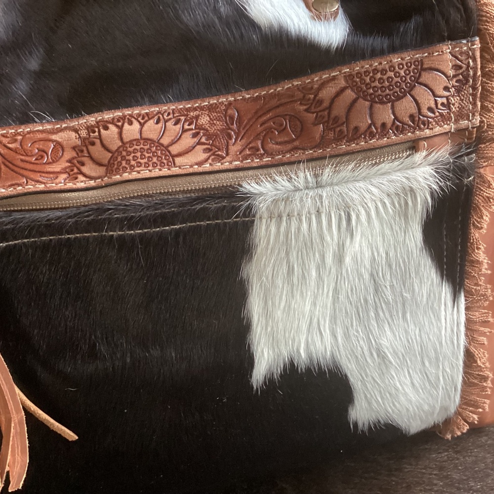 Myra Bag Big Hair Hide Tooled Leather Canvas Tote Handbag - Picture 6 of 11